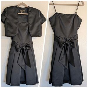VTG LBD Two Piece Satin Bow Dress Bolero Jacket Cocktail Evening Formal Midi